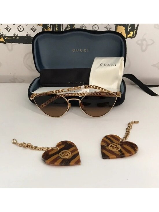 New Authentic Gucci GG0977S 002 Gold Cat-Eye Sunglasses Brown Lenses main image 3
